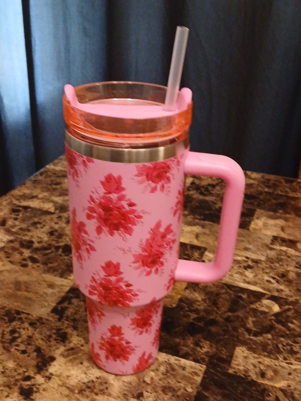 Pink Travel Mug with Handle and Straw